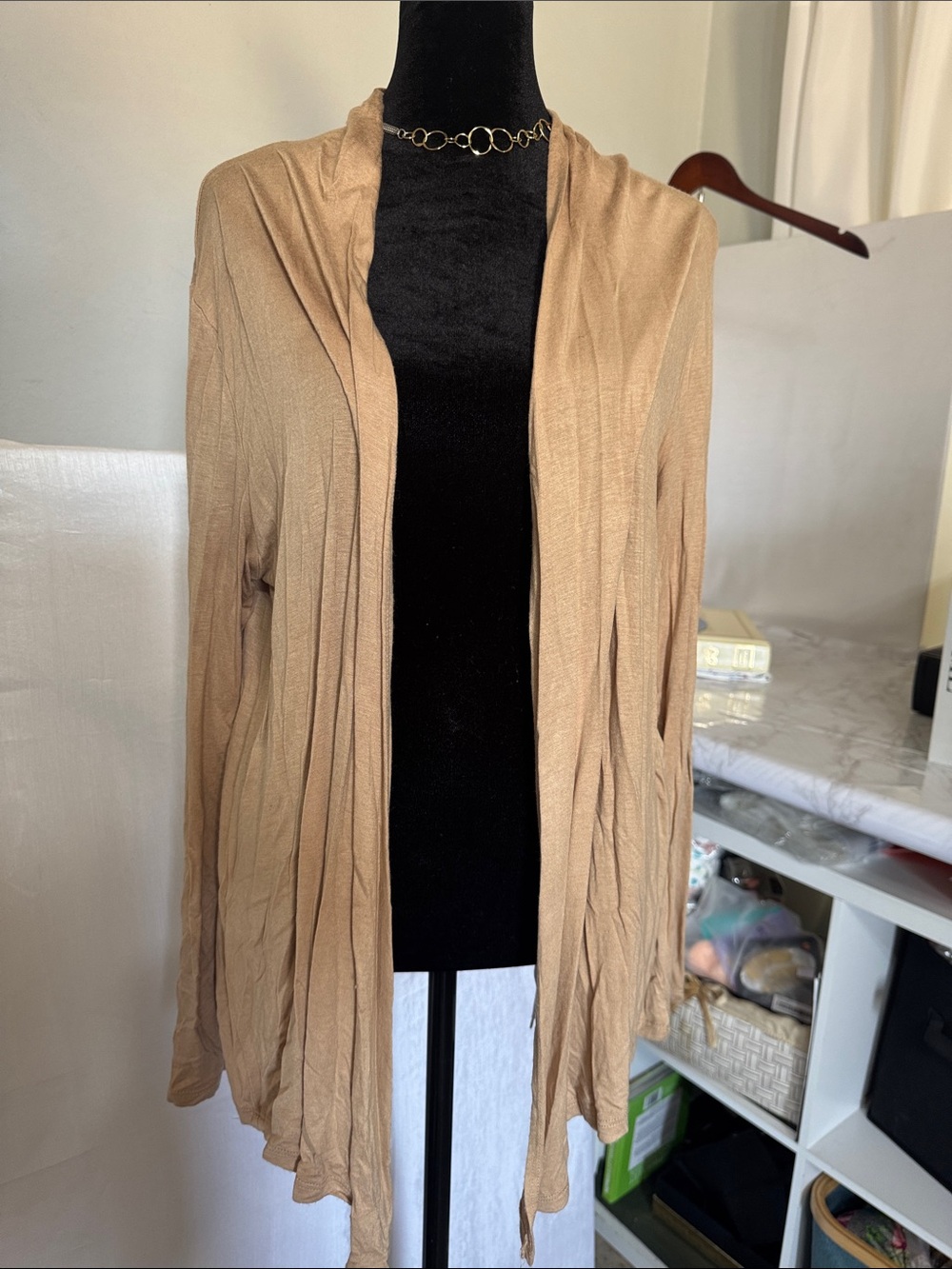Lavish Tan Open-Front Draped Cardigan